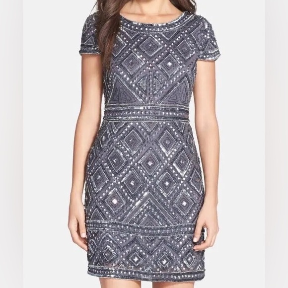 Adrianna Papell Cap Sleeve Geo Bead Sheath Dress - Picture 3 of 6